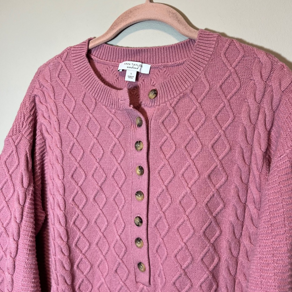 Ann Taylor Weekend Pink Cable Knit Henley Sweater Women's Large Button Up - Picture 2 of 11